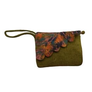 Green Felted Bag Boiled Wool Floral Clutch Handbag Purse Made in Nepal 8”
